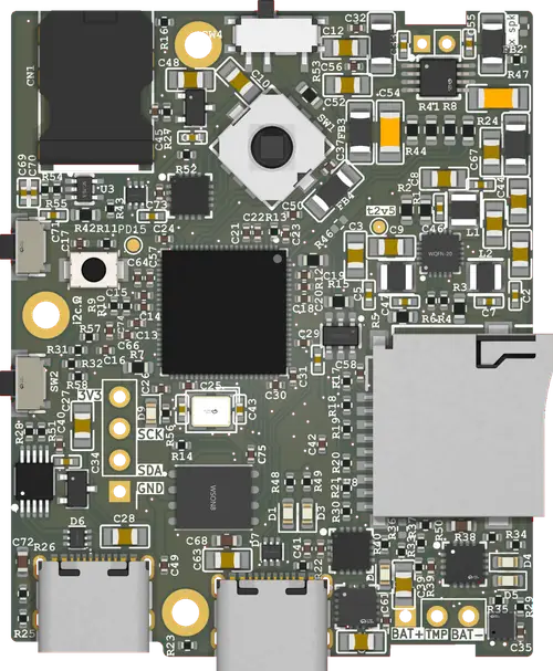 The PCB turning from one edge, through its top side, to the other edge