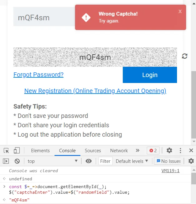 The login form rejecting a correct captcha