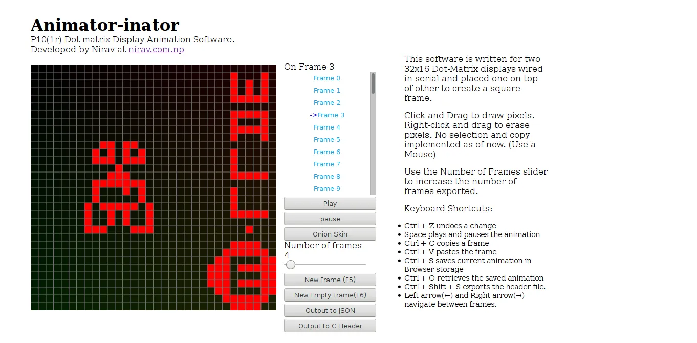 The Animator-inator: a 32×16 pixel grid with a frame list and controls