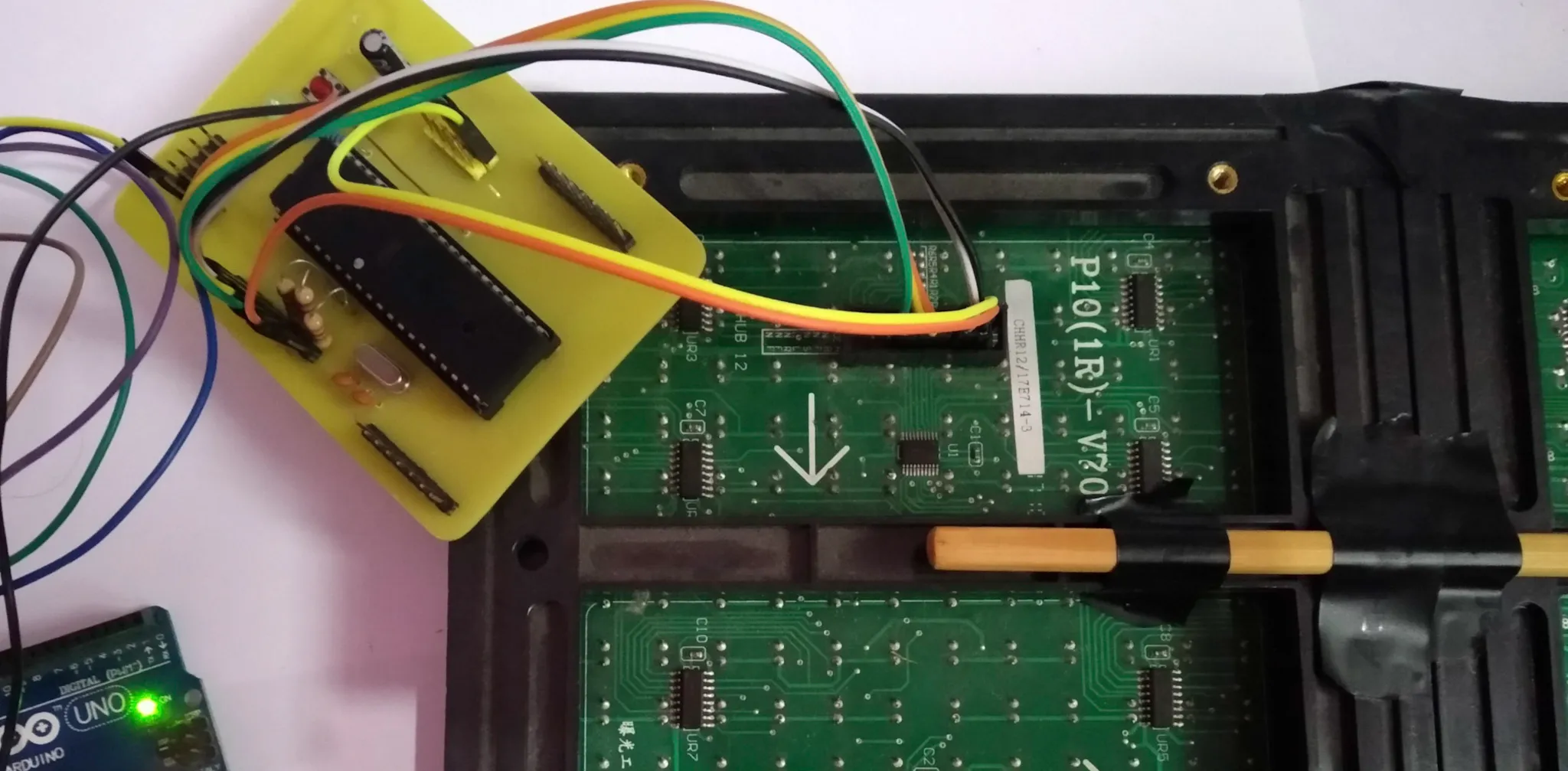 The hand-etched controller board wired to the back of the dot-matrix display